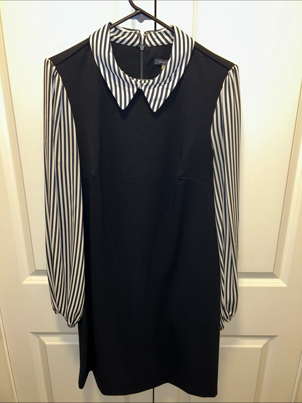 Tommy Hilfiger Black Shift Dress with Black & White Striped Sleeves and Collar